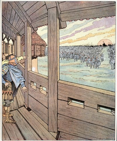 Jernmanden, det er Karl den Store. Oggers ord til kongen af langobarderne Didier, da han angreb kong Karl den Store eller Charles I den Store (742-814) fra toppen af Pavias mure i 774. Illustration af Job (Jacques Marie Gaston Onfray og Breville af pseudonym for Onfray de Breville Jacques Job