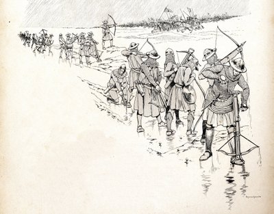 Regnen sætter bueskytterne af den franske kong Philip VI dit Philippe de Valois (1293-1350) hær ud af kamp ved at væde buernes reb under slaget ved Crecy i 1346 i begyndelsen af Hundredårskrigen. Illustration af Job (Jacques af pseudonym for Onfray de Breville Jacques Job