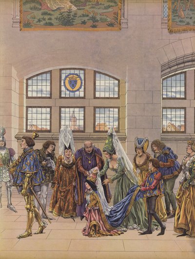 Den tre-årige Margaret af Østrig ankommer for at blive præsenteret for Dauphin Charles, søn af kong Ludvig XI af Frankrig, som hans kommende brud (farve litho) af pseudonym for Onfray de Breville Jacques Job