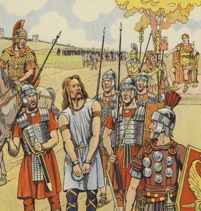 Vercingetorix overgiver sig til Julius Cæsar, 52 f.Kr. (farve litho) af pseudonym for Onfray de Breville Jacques Job