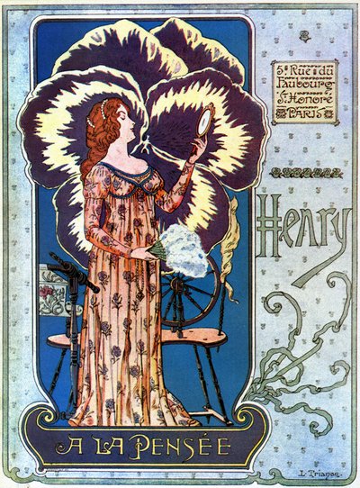 Art Nouveau: reklameplakat for kosmetikbutikken "Henry a la Thought" i Paris. En ung kvinde beundrer sig selv i et spejl, bag hende en tankeblomst. Illustration af L. Trianon af pseudonym of Trinquier Louis Trinquier Trianon