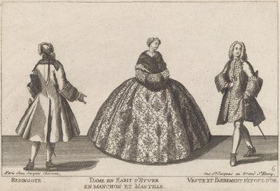 Frakke/dame i vinterkjole i muffe/jakke og guldbeklædning af published by Jacques Chéreau