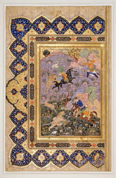 Jagt på vilde dyr, ca. 1540 (blæk, gouache og guld) af School Iranian