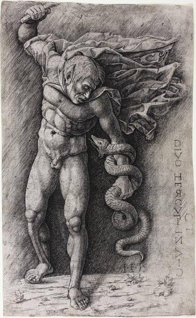 Faun angriber en slange af school of Andrea Mantegna