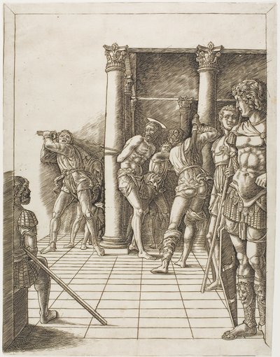 Kristi flagellering med fortovet af school of Andrea Mantegna