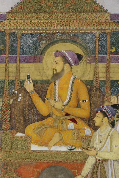 Detalje fra The Emperor Shah Jahan on the Peacock Throne, 1640 (ugennemsigtigt wc & guld på papir) af son of Aqa Riza Abid