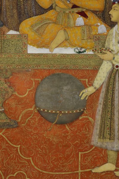 Detalje fra The Emperor Shah Jahan on the Peacock Throne, 1640 (ugennemsigtigt wc & guld på papir) af son of Aqa Riza Abid