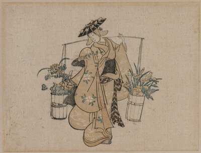En skønhed, der bærer to spande blomster af style of Torii Kiyomasu