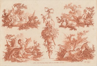 To pastorale vignetter, to jagtvignetter og et trofæ af the Elder and Jean Baptiste Hüet Gilles Demarteau