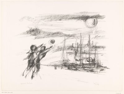 Folk ved kaj med skibe af unknown (signed by artist)