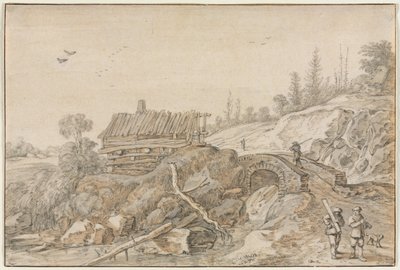 Bakket landskab med hytte ved siden af en å, 1627. af van de Velde Esaias