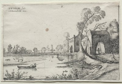 Landskab med en flod og et porthus, 1614. af van de Velde Esaias