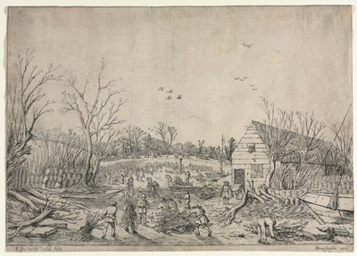 Den store oversvømmelse den 10. januar 1624 eller reparation af det ødelagte dige ved floden Lek af Vianen, 1624. af van de Velde Esaias