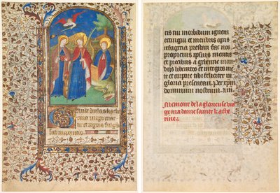 Blad fra en timebog: Sts. Geneviève, Catherine af Alexandria, og Margaret (rekto) og tekst (verso) af workshop of Boucicaut Master