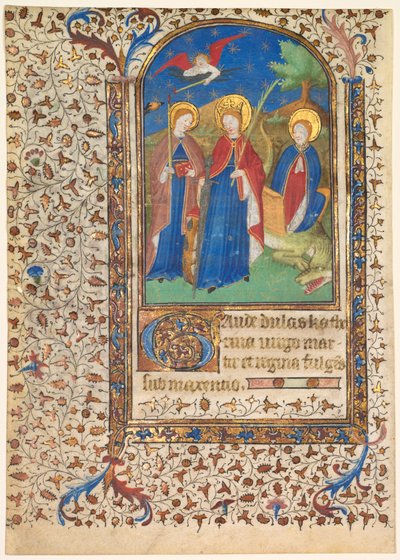 Blad fra en timebog: Sts. Geneviève, Catherine af Alexandria og Margaret (recto) af workshop of Boucicaut Master