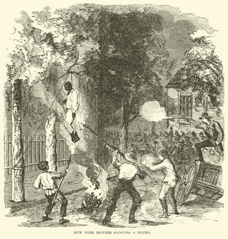 New York-uromagere, der hænger en sort person, juli 1863 (gravering) af (after) American School
