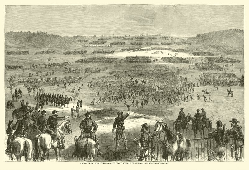 Den konfødererede hærs position, da overgivelsen blev annonceret, april 1865 (gravering) af (after) American School