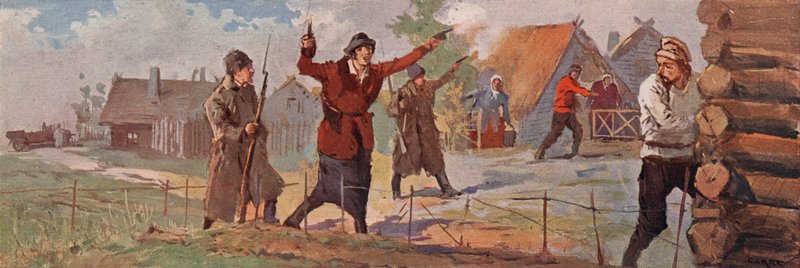 En sovjetisk agronomi-instruktør, der annoncerer sin ankomst til en landsby ved at affyre sin revolver i luften (farve litho) af (after) Carrey
