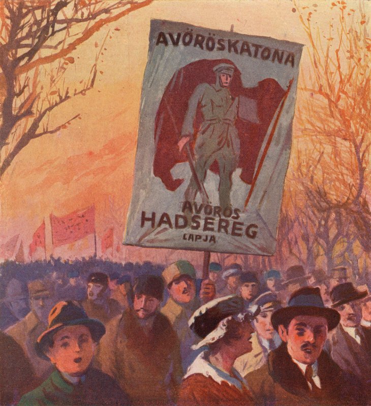 Demonstration er støtte til rekruttering til den russiske røde hær, Budapest, Ungarn (farve litho) af (after) Carrey