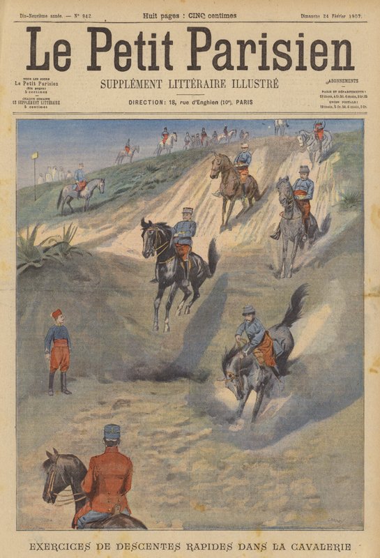 Fransk kavaleri øver sig i hurtige stejle nedstigninger på hesteryg (farve litho) af (after) Carrey