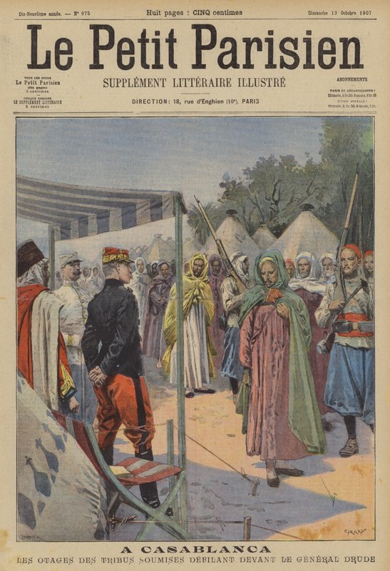 Gidsler fra underkuede marokkanske stammer, der marcherer forbi General Drude ved Casablanca (farve litho) af (after) Carrey