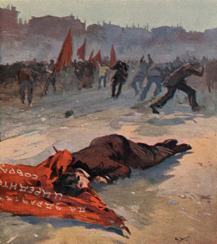 Drab på en socialistisk revolutionært parti-aktivist ved navn Gorbatjovskaya af bolsjevikiske rødgardister under en demonstration, Petrograd, Rusland af (after) Carrey