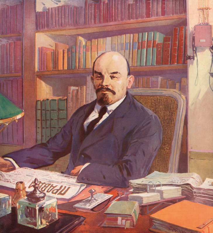 Den russiske bolsjevikiske leder Lenin på sit kontor i Kreml, Moskva, USSR (farve litho) af (after) Carrey