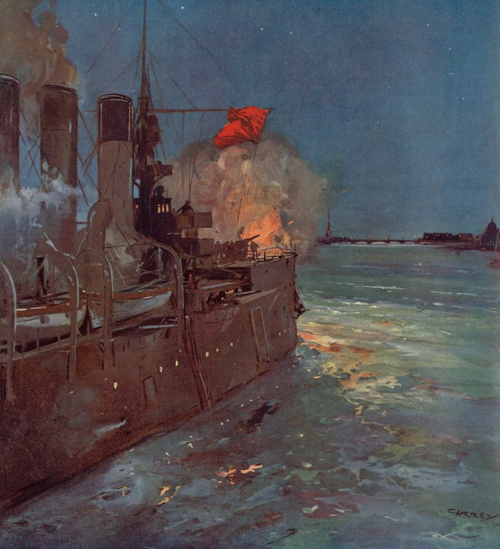Den russiske krydser Aurora affyrer skuddet, der signalerer stormen af Vinterpaladset i Petrograd, den russiske revolution, 25. oktober 1917 (farve litho) af (after) Carrey