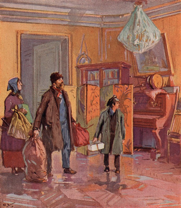 Russisk arbejderfamilie i besiddelse af en borgerlig lejlighed efter revolutionen (farve litho) af (after) Carrey