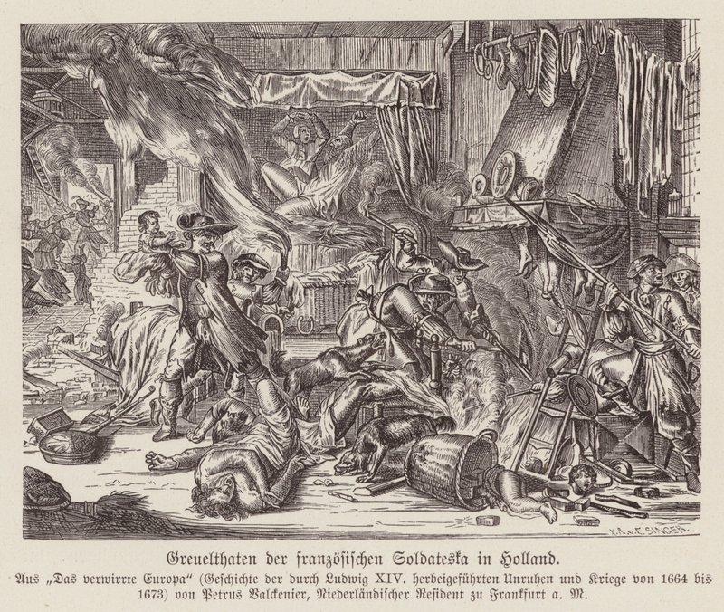 Grusomheder begået af franske tropper i Holland under den fransk-hollandske krig (kobberstik) af (after) Dutch School