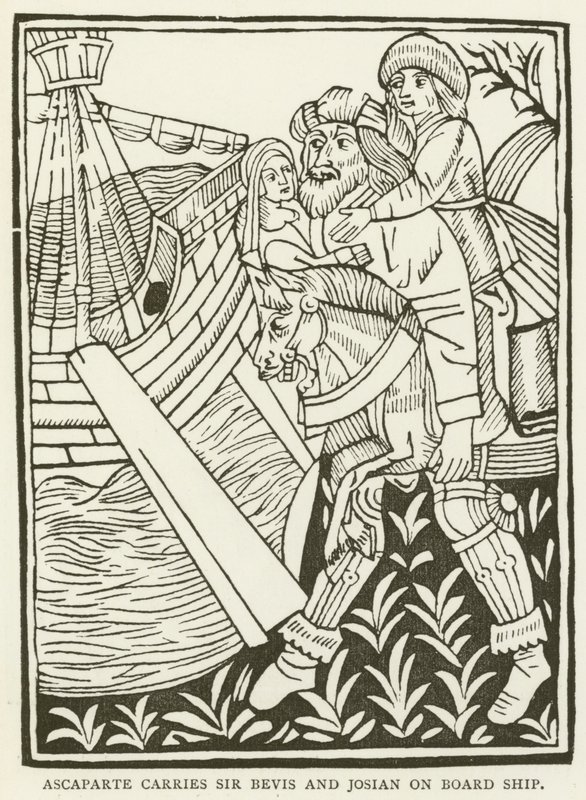 Ascaparte bærer Sir Bevis og Josian om bord på skibet (gravering) af (after) English School