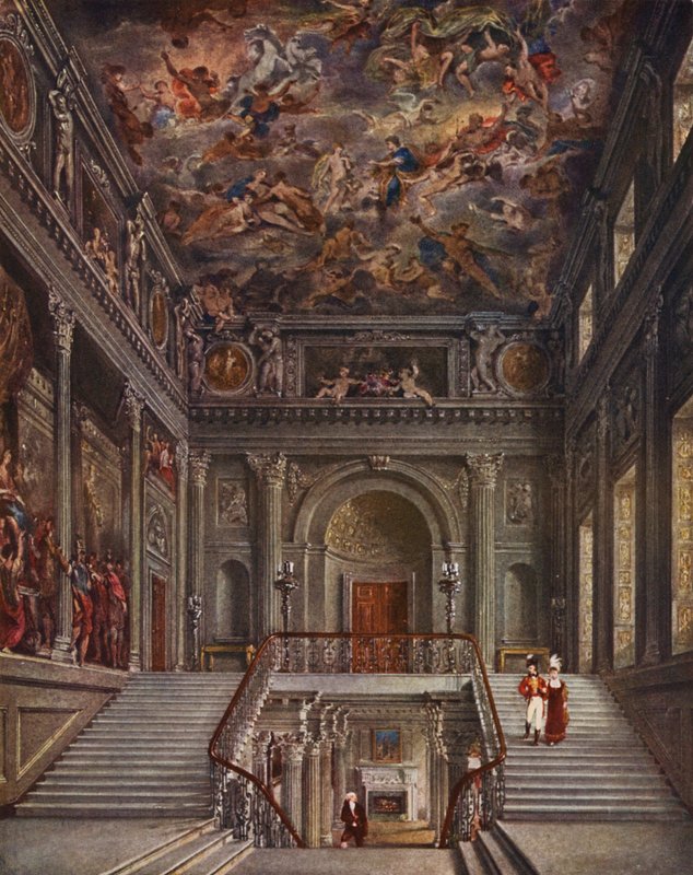 Buckingham Palace: Den malede trappe, Buckingham House (farvelitografi) af (after) English School