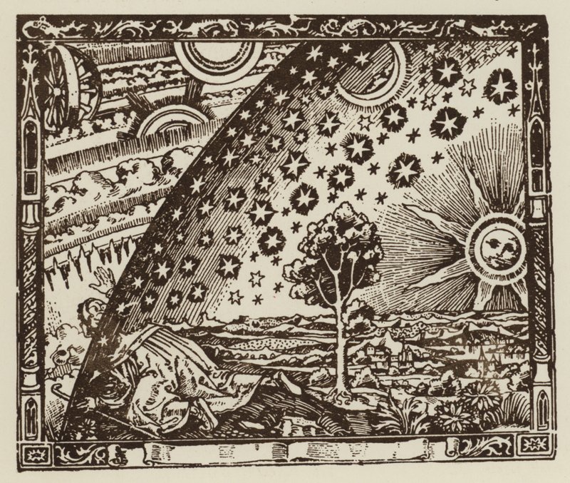 Mennesket rejser til jordens ender, repræsentation af universet i middelalderen (litho) af (after) English School