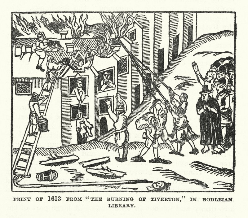 Print fra 1613 fra "The Burning of Tiverton" i Bodleian Library (litho) af (after) English School