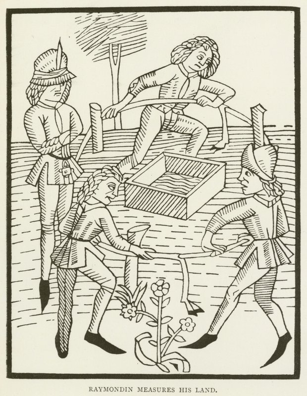 Raymondin måler sit land (gravering) af (after) English School