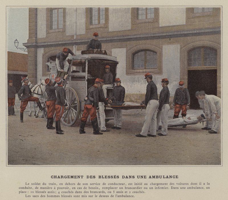 Indlæsning af sårede i en ambulance (farvet foto) af (after) French Photographer