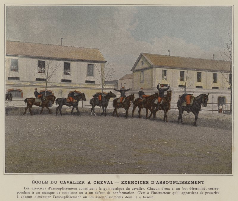 Rytterskolen til hesteryg, strækøvelser (farvet foto) af (after) French Photographer