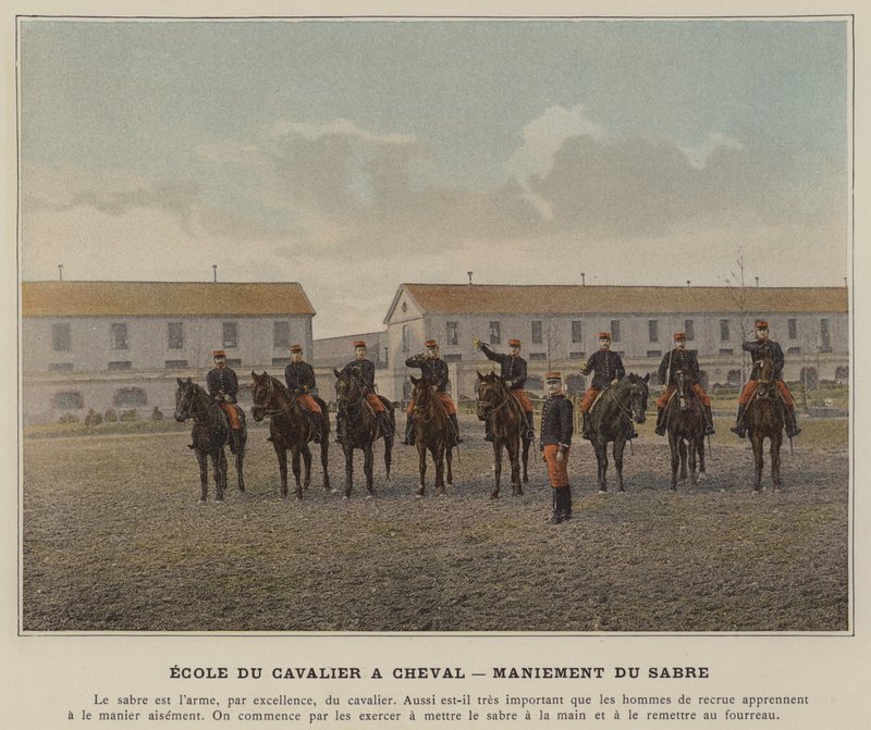 Rytterskolen til hest, håndtering af sablen (farvet foto) af (after) French Photographer