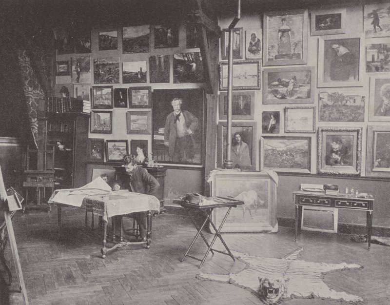 Fransk maler Alfred Philippe Roll i sit atelier (s/h foto) af (after) French Photographer