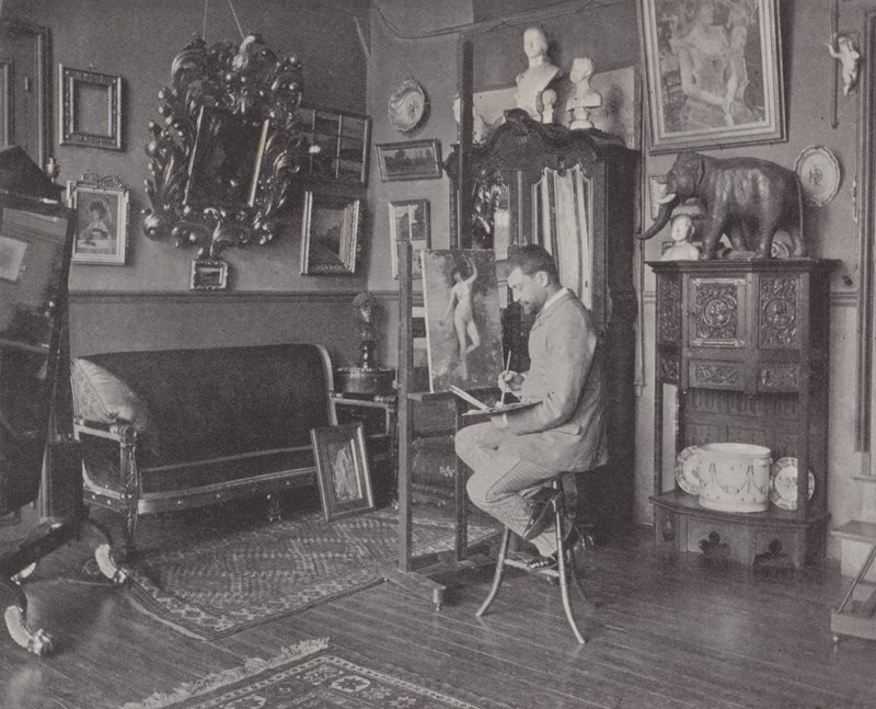 Fransk maler Henri Gervex i sit atelier (s/h foto) af (after) French Photographer