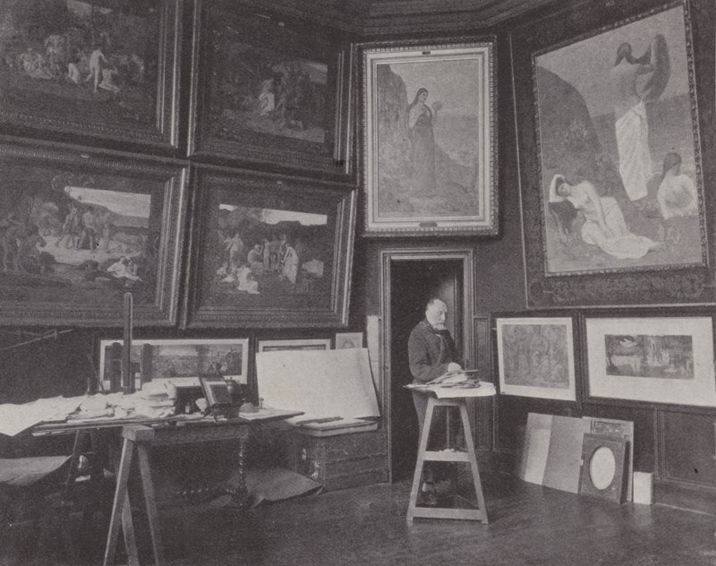 Fransk maler Pierre Puvis de Chavannes i sit atelier (s/h foto) af (after) French Photographer