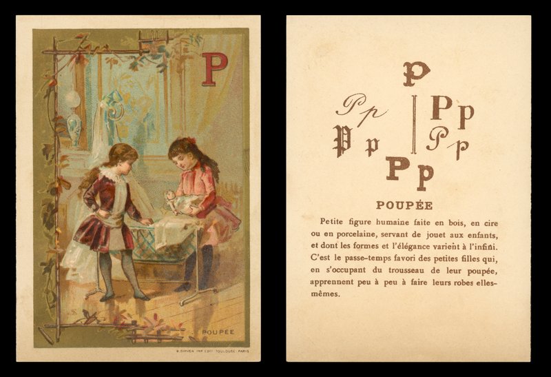 Børn, der leger med dukker (chromolitho) af (after) French School