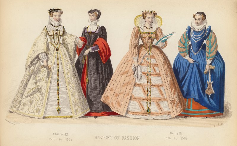 Mode i Frankrig: Karl IX 1560 til 1574; Henrik III 1574 til 1589 (koloreret stik) af (after) French School