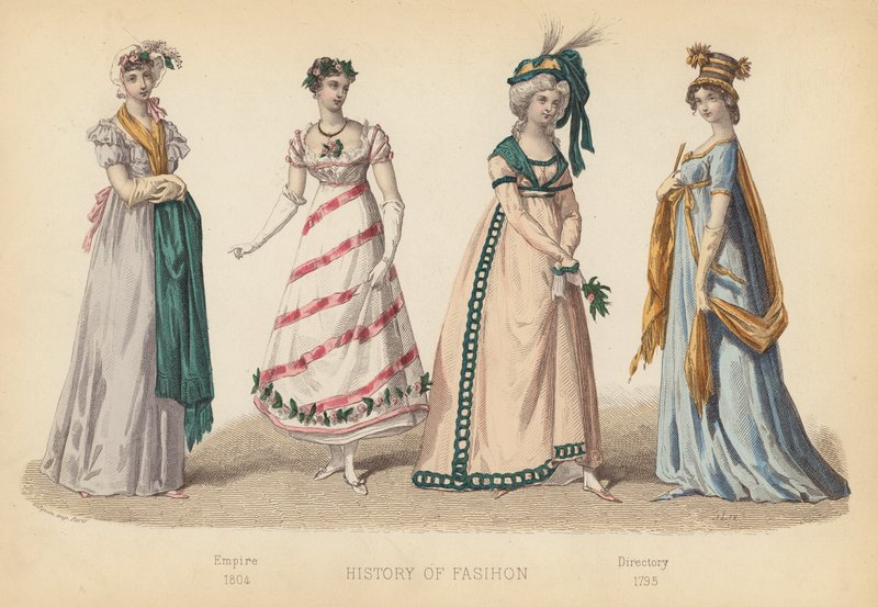 Mode i Frankrig: Empire 1804; Directory 1795 (farvet stik) af (after) French School