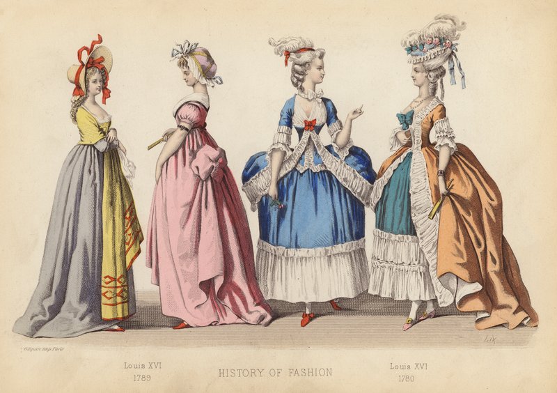 Mode i Frankrig: Ludvig XVI 1789; Ludvig XVI 1780 (koloreret stik) af (after) French School