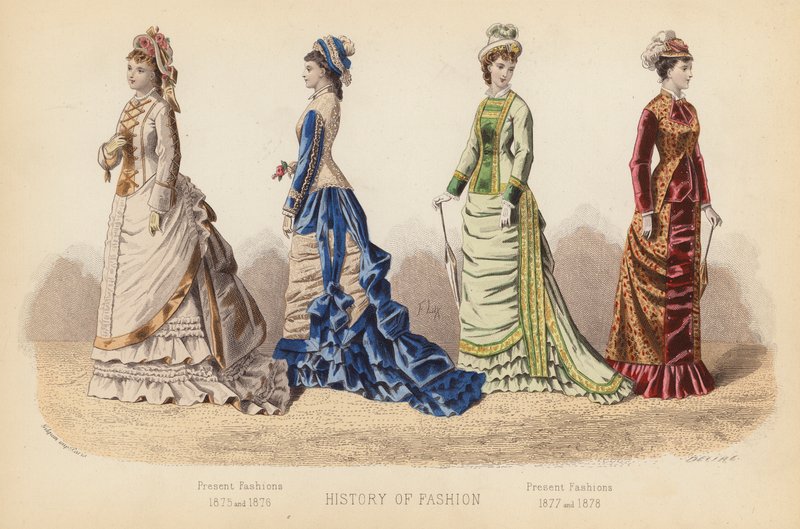 Mode i Frankrig: Present Fashions 1875 and 1876; Present Fashions 1877 and 1878 (koloreret stik) af (after) French School