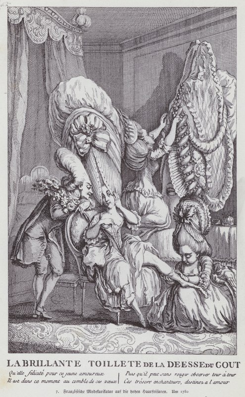 Fransk tegneserie, der viser tidens kvindefrisurer af (after) French School