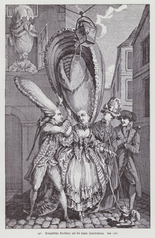 Fransk tegneserie, der viser tidens kvindefrisurer af (after) French School