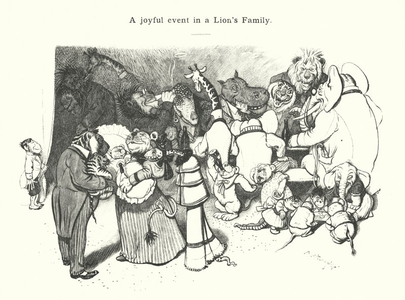 En glædelig begivenhed i en løvefamilie (gravering) af (after) German School