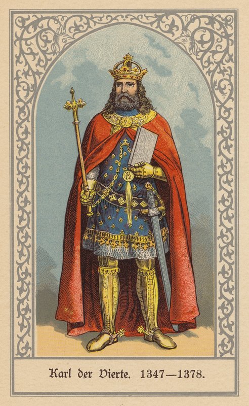 Karl IV, konge af Bøhmen og Tyskland og tysk-romersk kejser (farvelitografi) af (after) German School